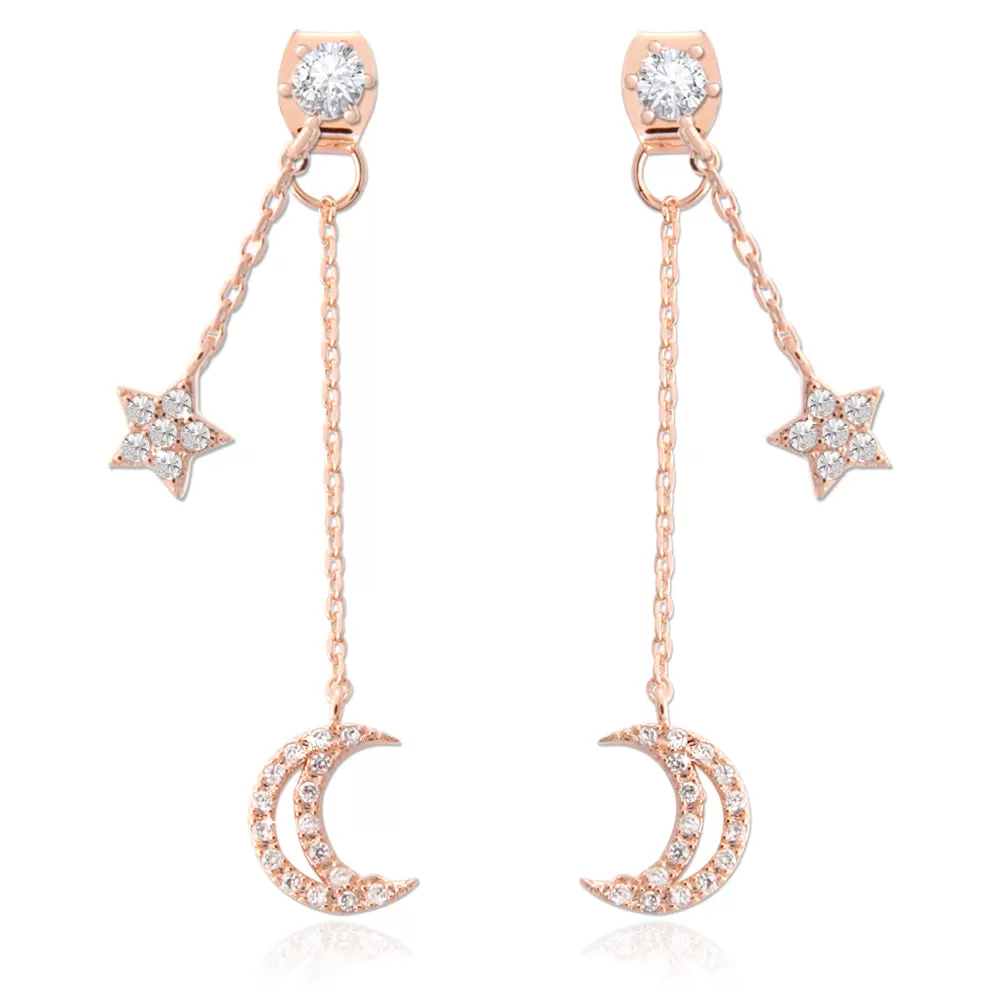 NO.2 Crescent Moon and Star Chain Drop Earrings