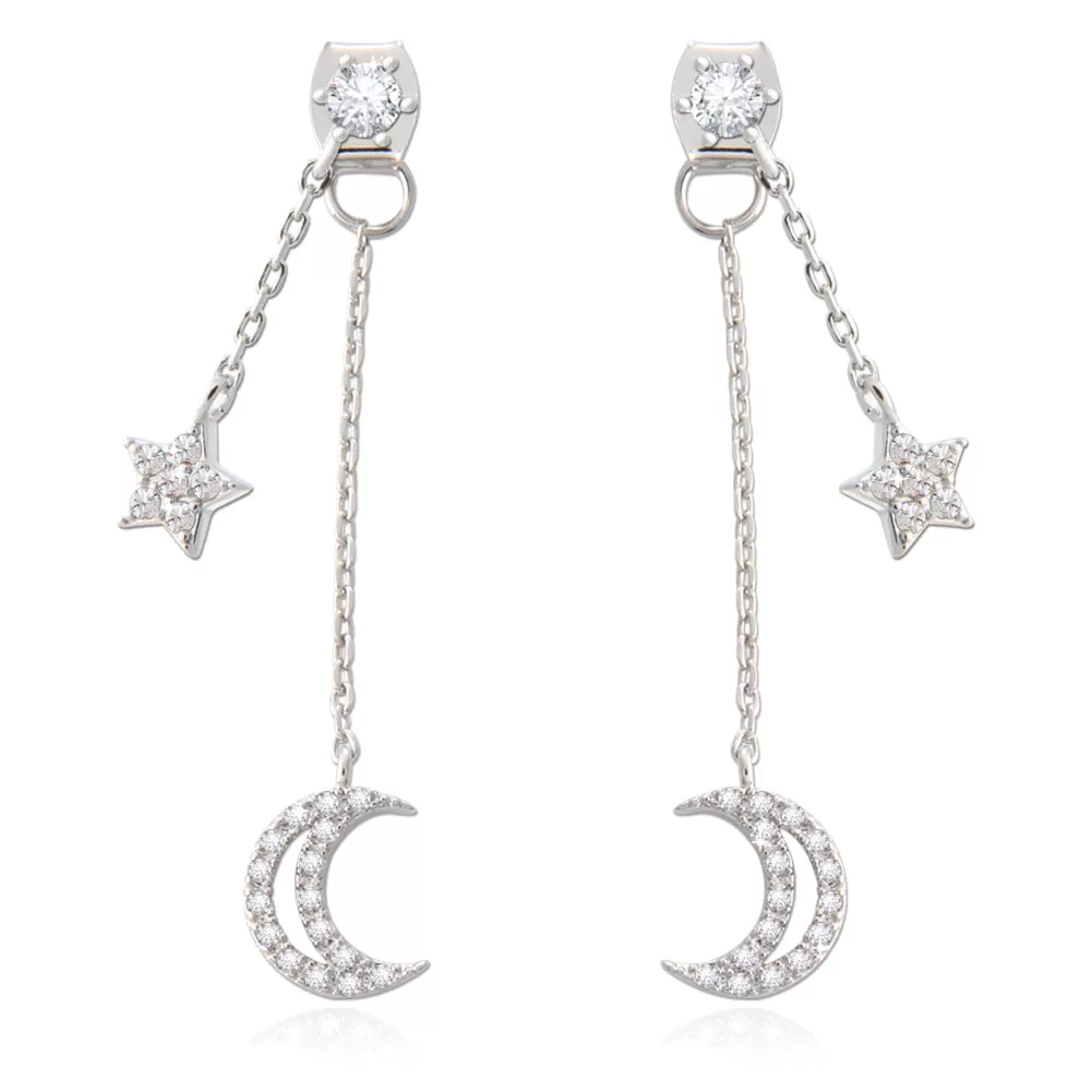 NO.2 Crescent Moon and Star Chain Drop Earrings