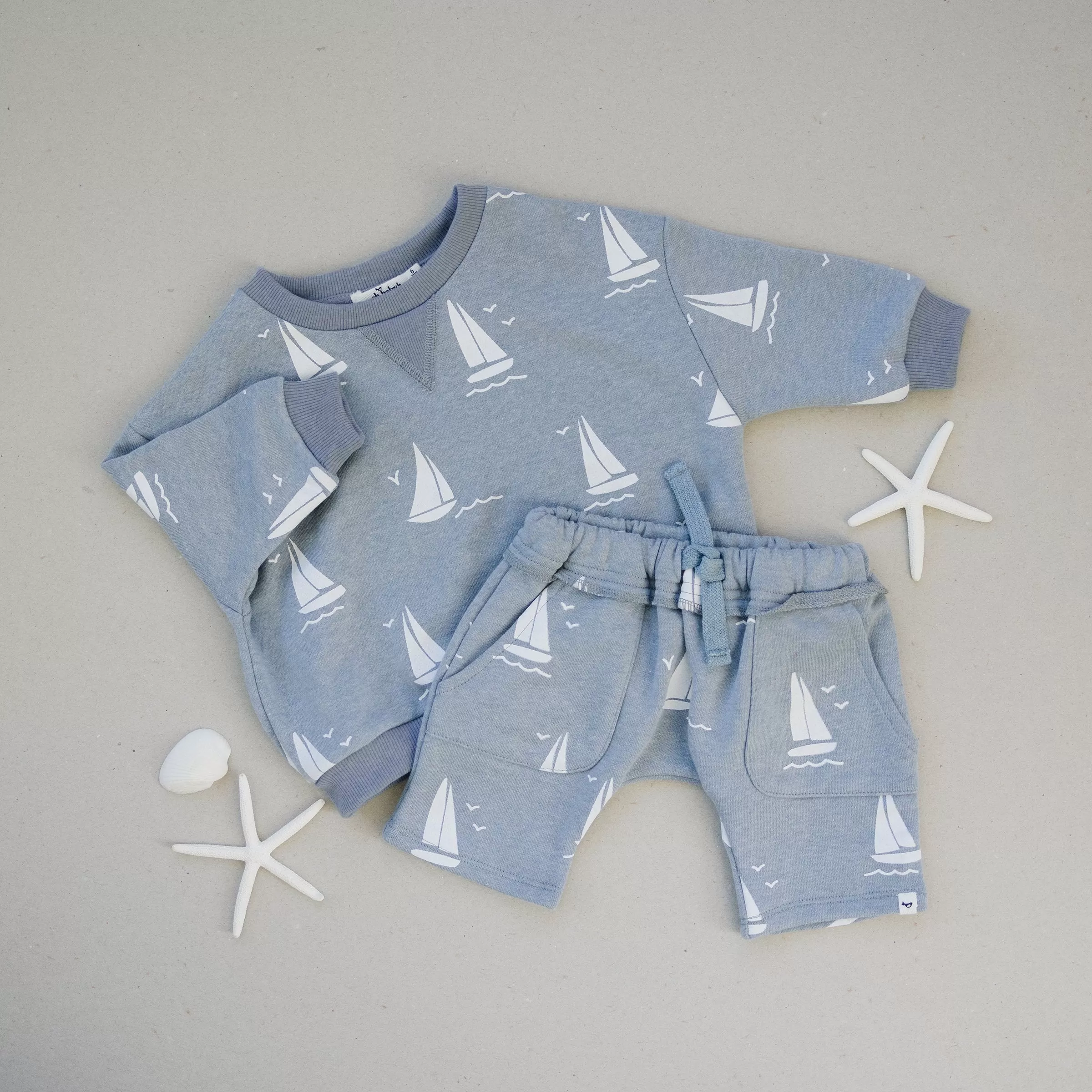 oh baby! Cotton French Terry Pocket Shorts - Sailboat Print - Fog