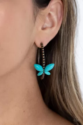 Paparazzi Bohemian Butterfly - Brass and Turquoise Stone Butterfly Hoop Earrings