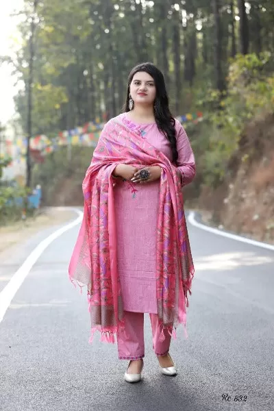 Pink Cotton Salwar Suit Set With Art Silk Dupatta