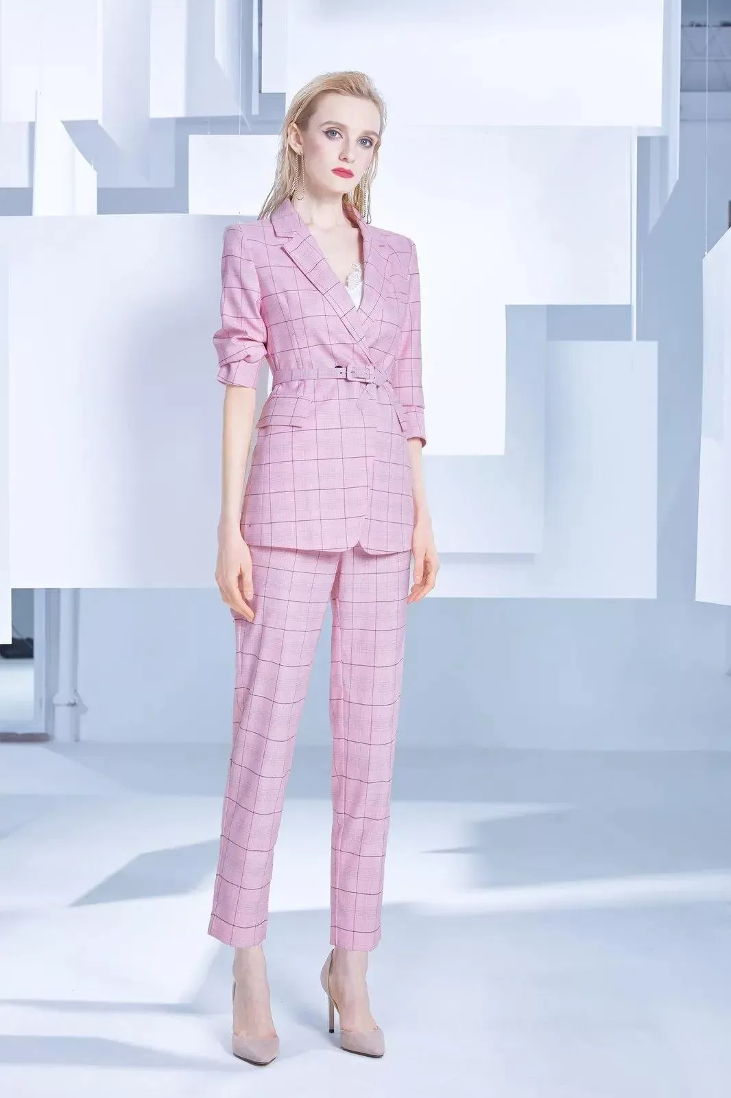 Pink Plaid Belted Blazer & Skinny Pants Set