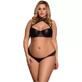 Plus Size Bra and Panty Sets Black High Neck Lace Leather Bra Set