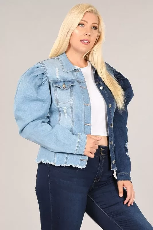 Plus Two Toned Denim Puff Jacket