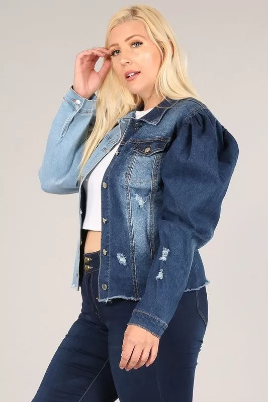 Plus Two Toned Denim Puff Jacket