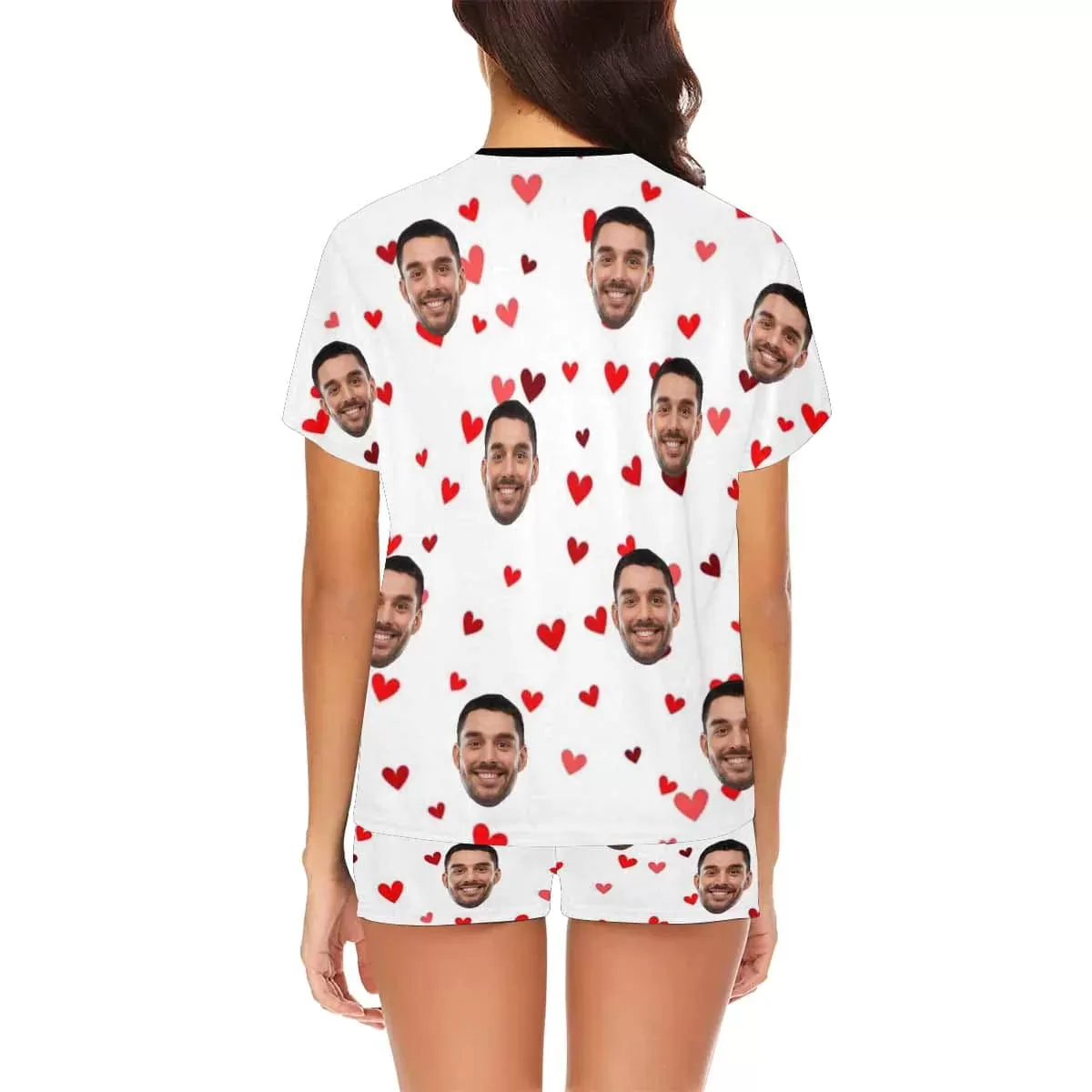 PRICE DROP-Custom Face Couple Pajamas Personalized Red Heart Couple Matching Crew Neck Short Pajama Set