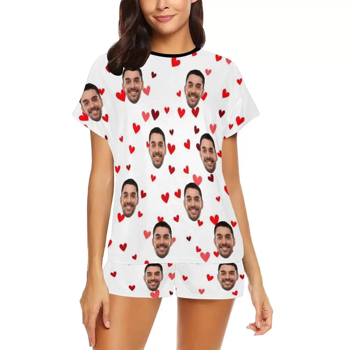 PRICE DROP-Custom Face Couple Pajamas Personalized Red Heart Couple Matching Crew Neck Short Pajama Set