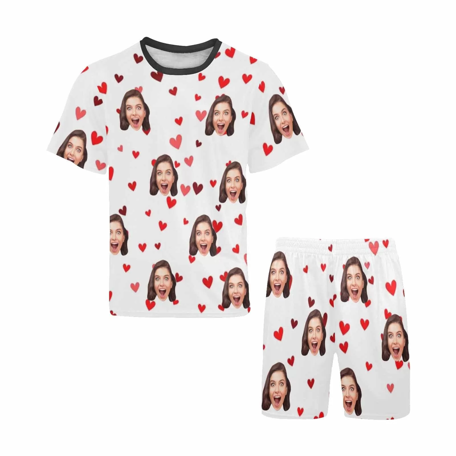 PRICE DROP-Custom Face Couple Pajamas Personalized Red Heart Couple Matching Crew Neck Short Pajama Set