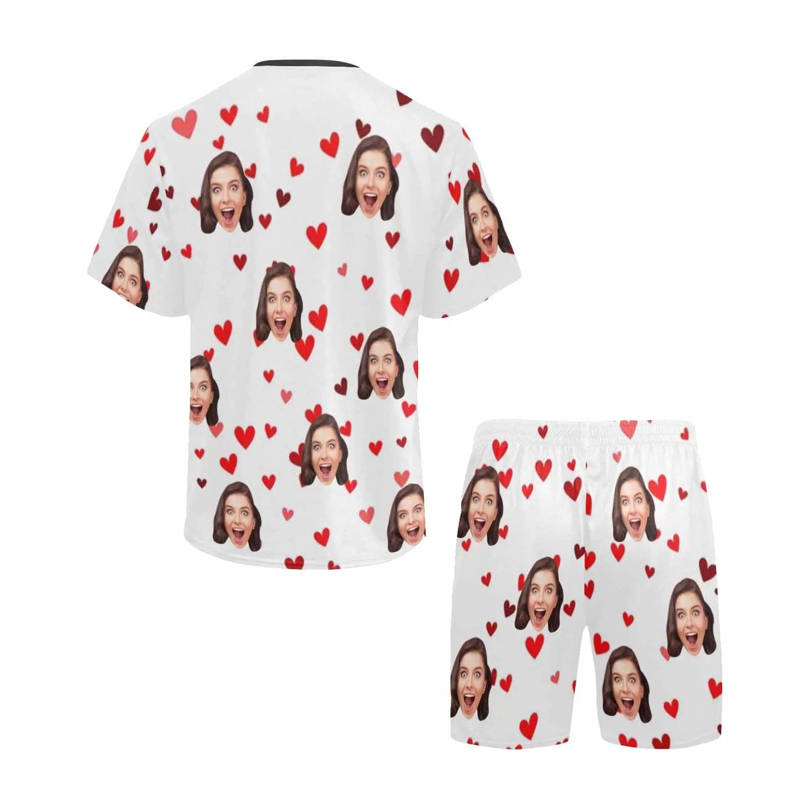 PRICE DROP-Custom Face Couple Pajamas Personalized Red Heart Couple Matching Crew Neck Short Pajama Set