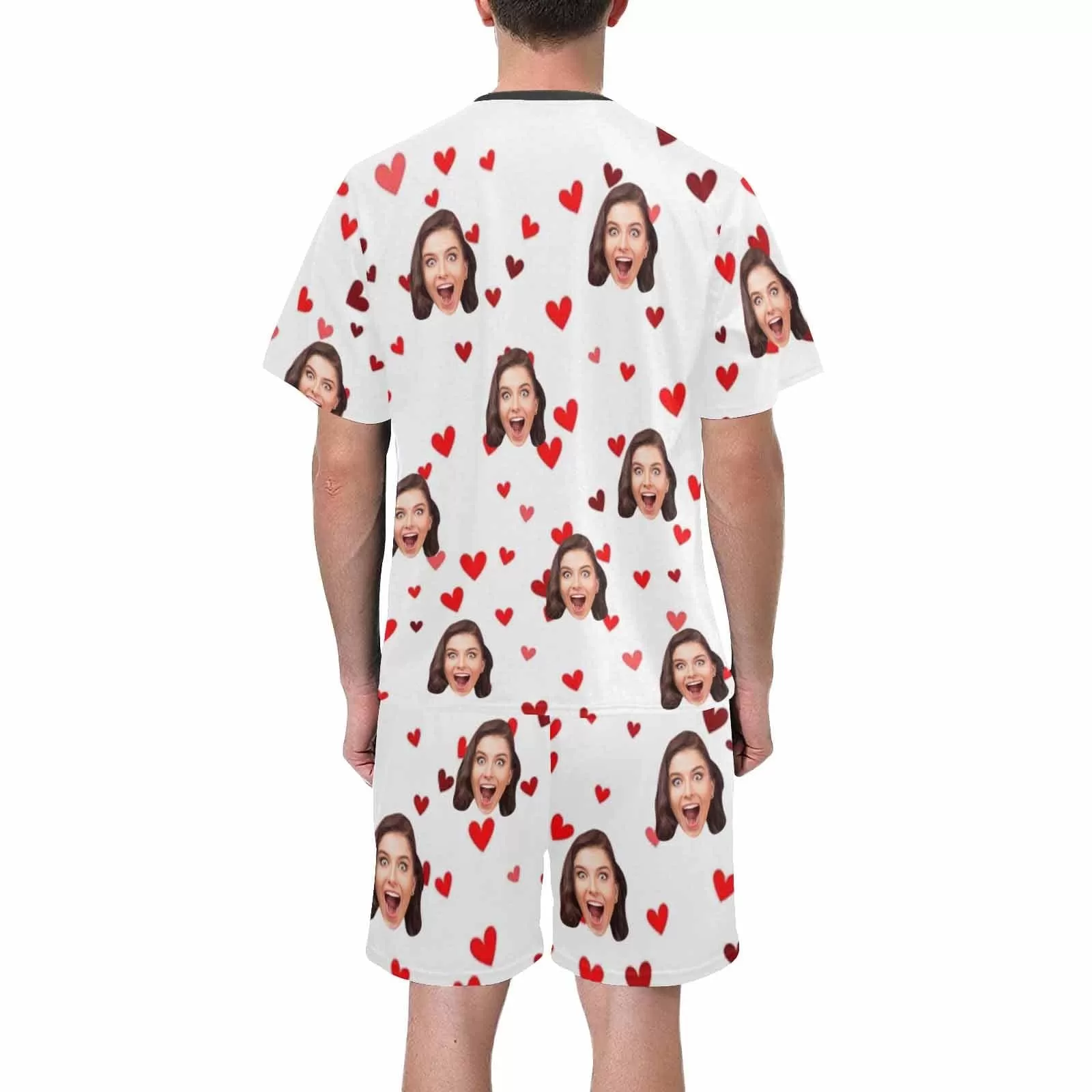 PRICE DROP-Custom Face Couple Pajamas Personalized Red Heart Couple Matching Crew Neck Short Pajama Set