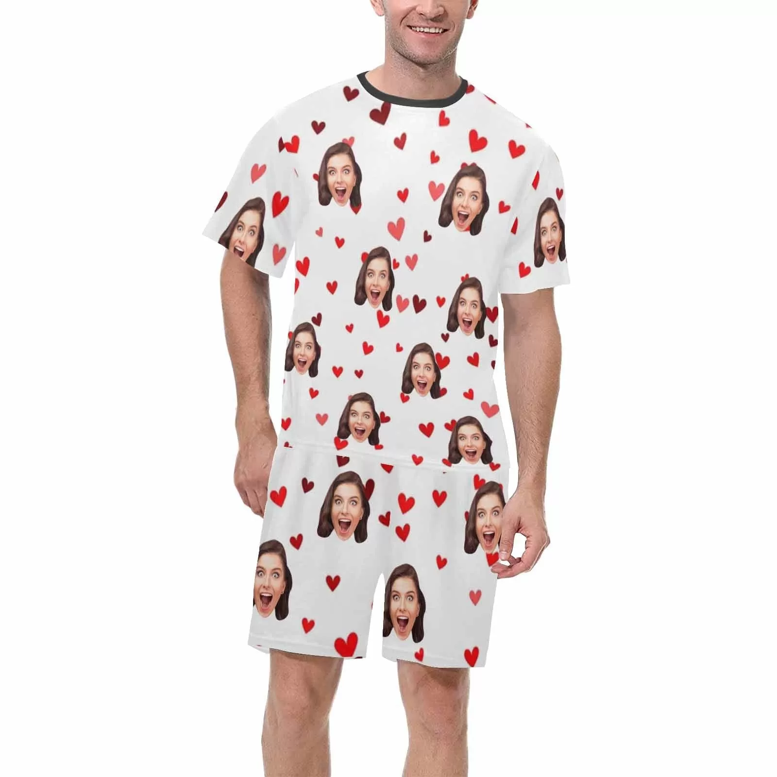 PRICE DROP-Custom Face Couple Pajamas Personalized Red Heart Couple Matching Crew Neck Short Pajama Set