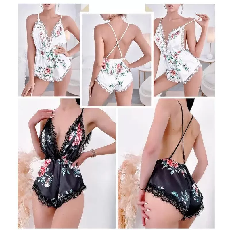 Printed silk Jumpsuit for Women I Sexy V-neck Bodysuit