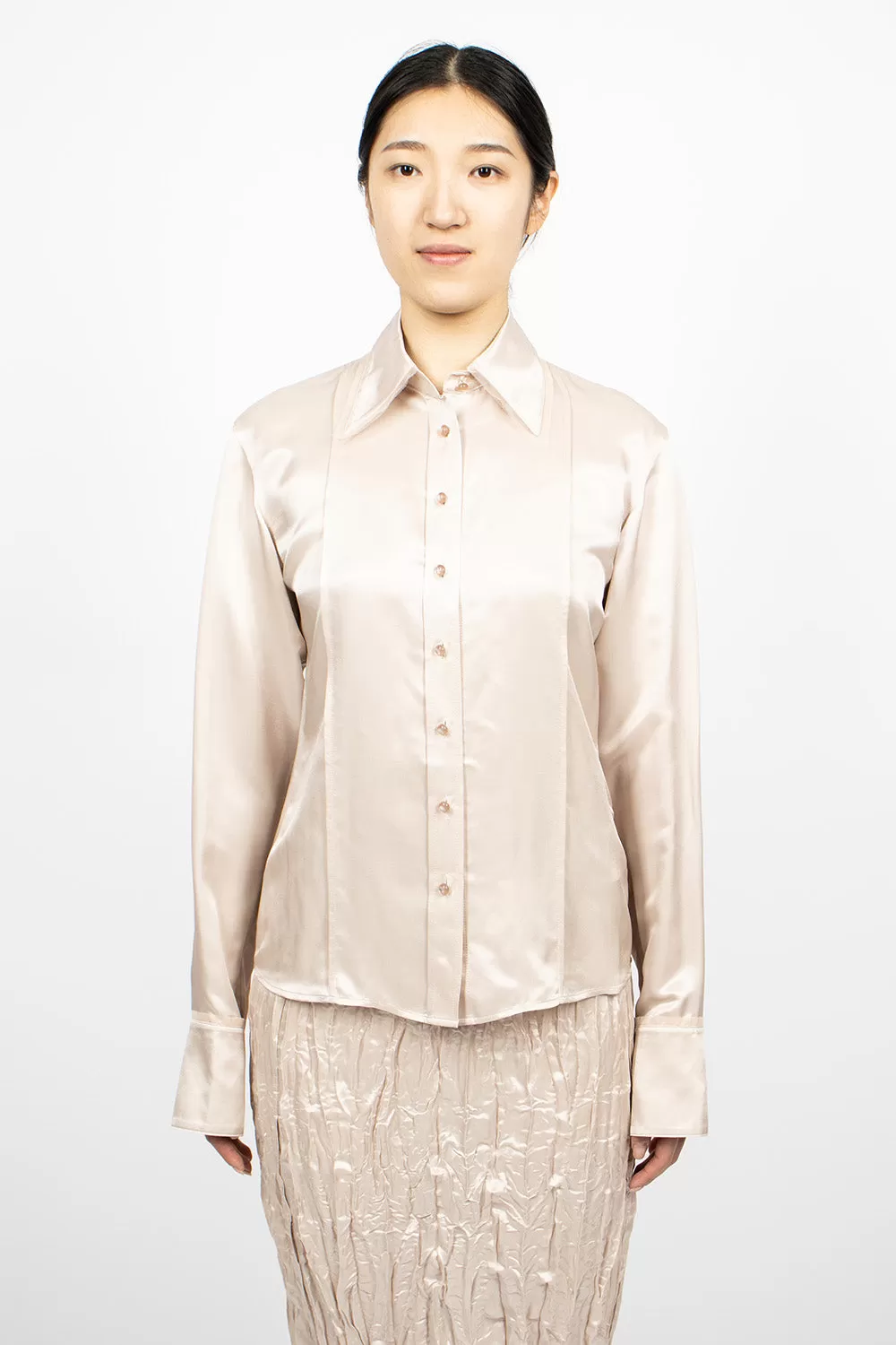 Satin Button-Up Shirt Pebble Beige