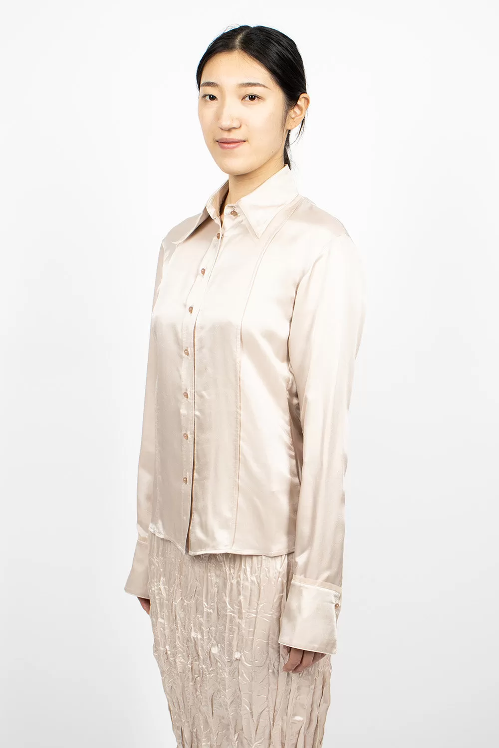 Satin Button-Up Shirt Pebble Beige