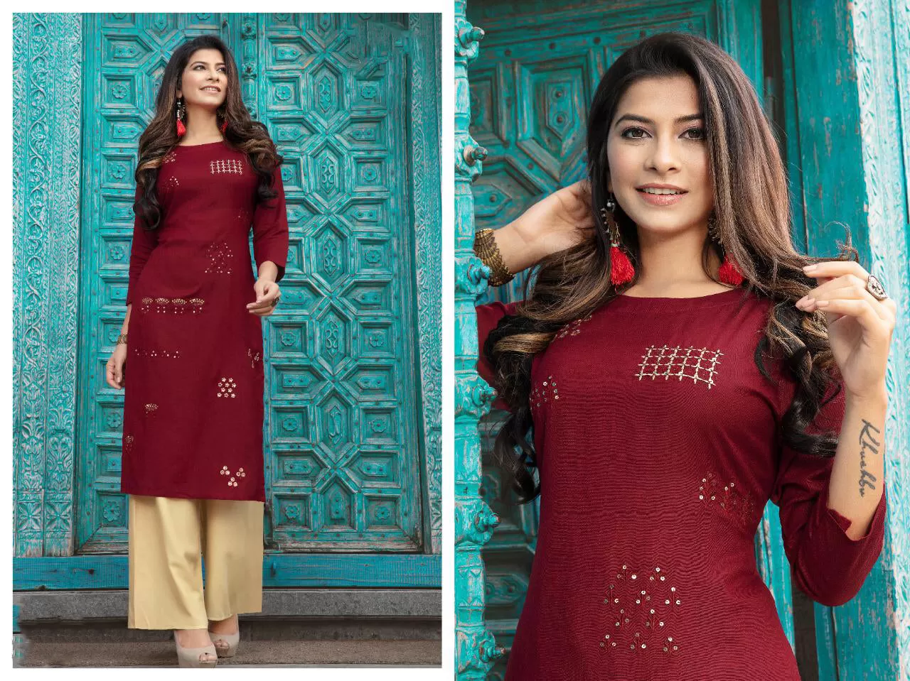 Sensational Maroon Slub Rayon Kurti With Beige Palazzo Pants