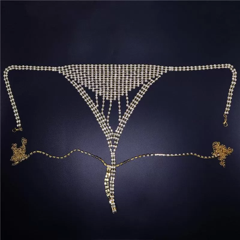 Shiny Rhinestone Body Chain Exaggerated Mesh Sexy Bra And Panty Set