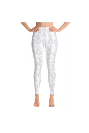 Silver Pineapples on White Yoga Leggings