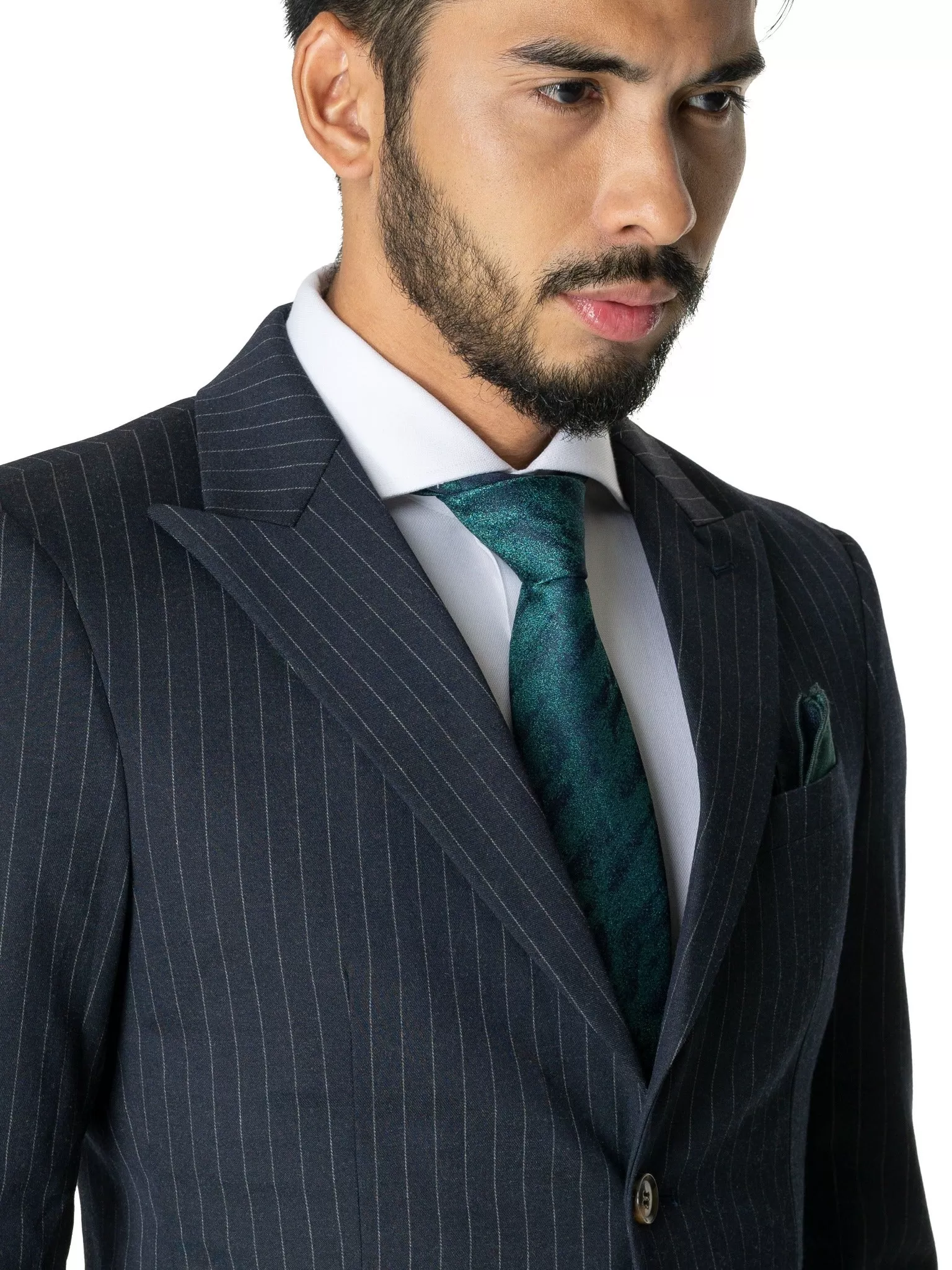 Single Breasted Suit Blazer - Navy Blue Pinstripes (Peak Lapel)