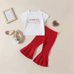 Spring and Summer Girls' Suit Letter Print Top Pit Strip Flare Pants Valentine's Day Suit