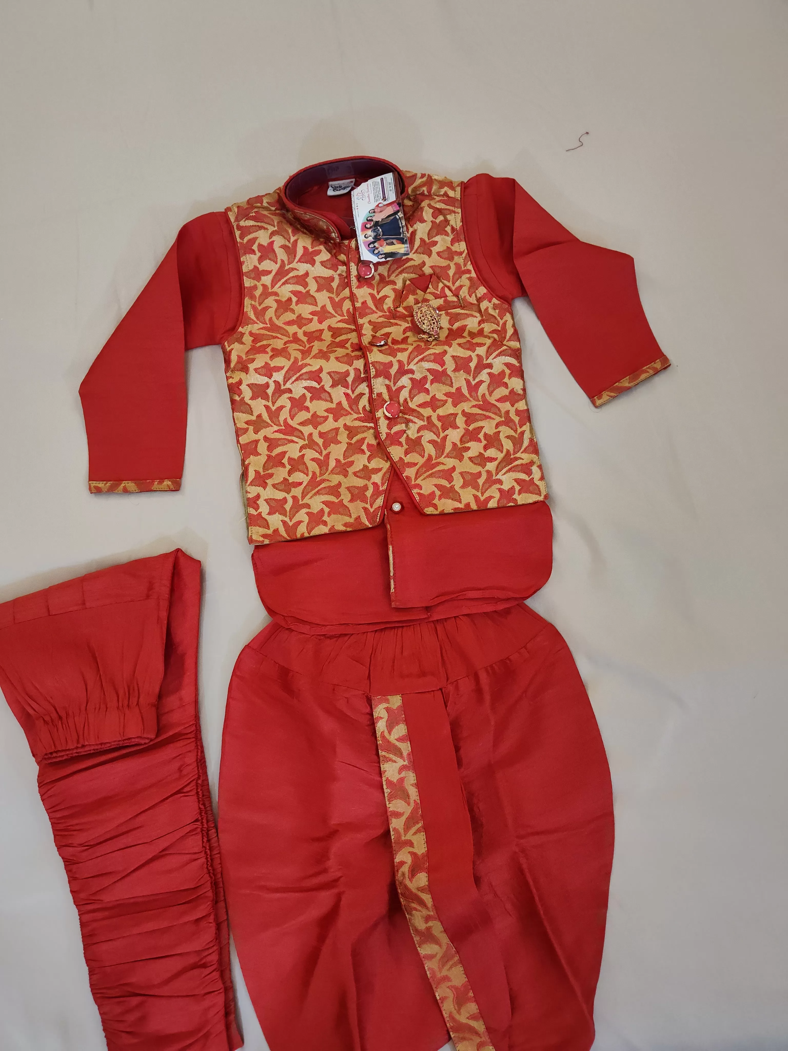 Trendy Boys Red Color Silk Cotton Kurta Pajama Pant And Dhoti Style Pant