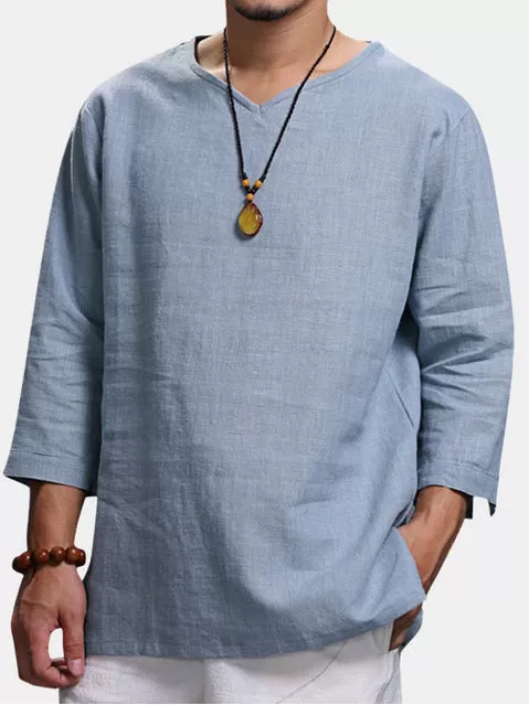 V Neck Cotton Linen Shirt - Light Blue