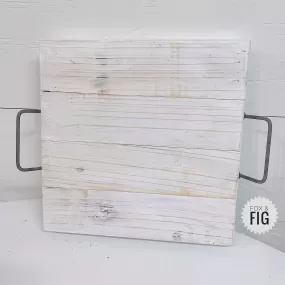 Whitewashed Square Wood Tray with Metal Handles