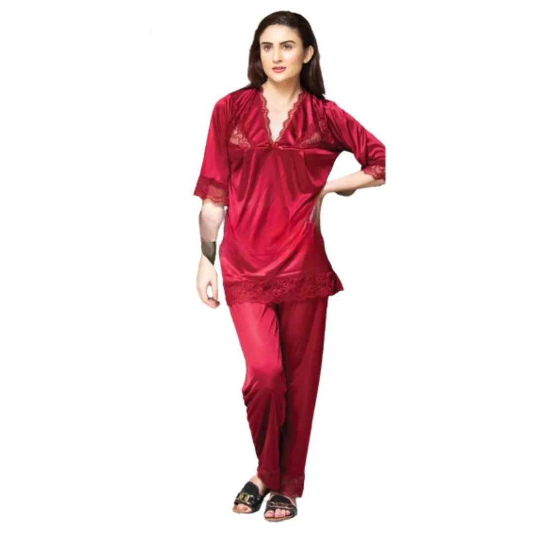 Woman Silk Night Shirt Pajama Set Ladies Nightdress Women Silk Nightwear Ladies Homewear Maroon