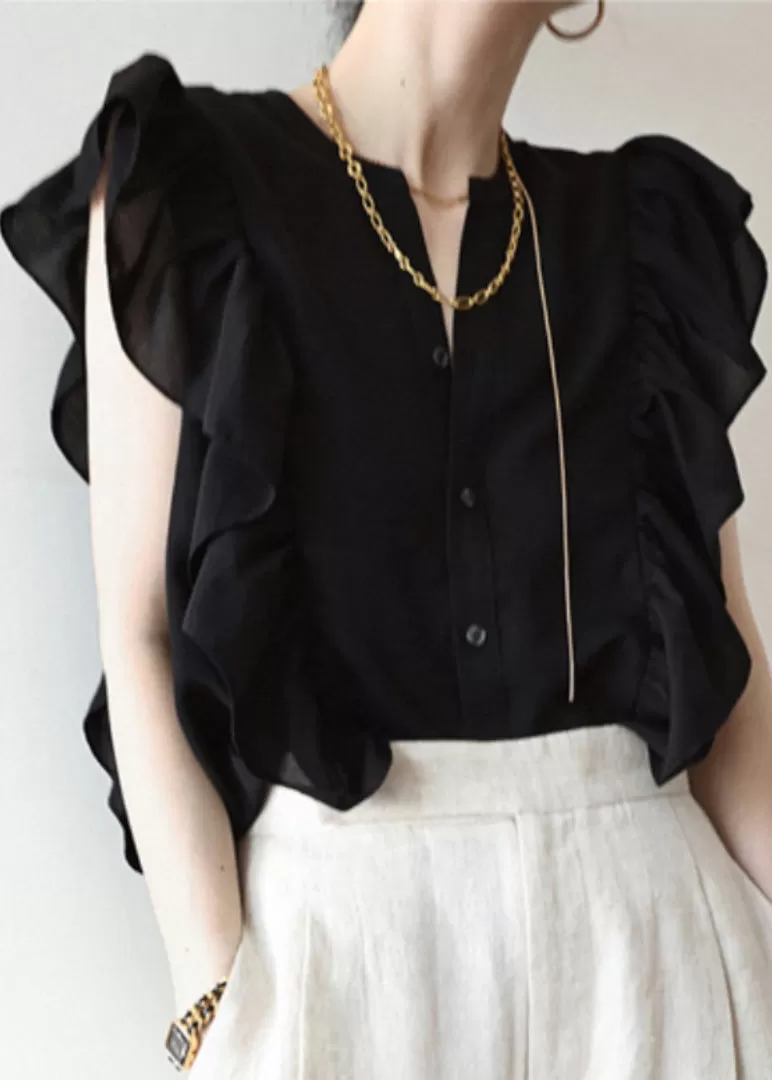 Women Black Ruffled Solid Button Silk Vest Sleeveless AB1029