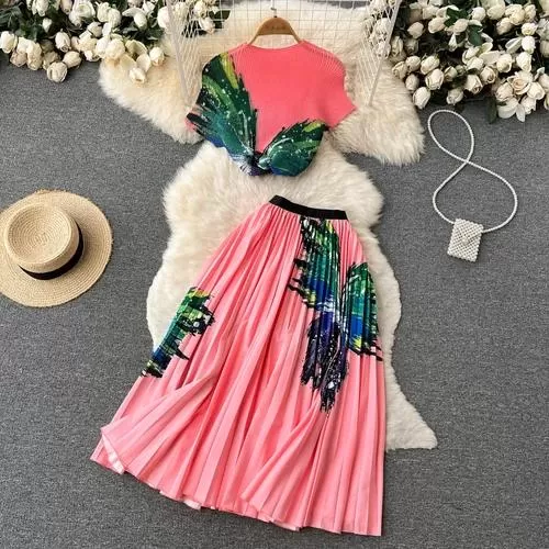 Women Vintage Two Pieces Elegant Pleated T Shirt Summer Sets B-74547