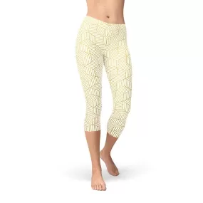 Womens White Capri Leggings w/ Geometric Cubes