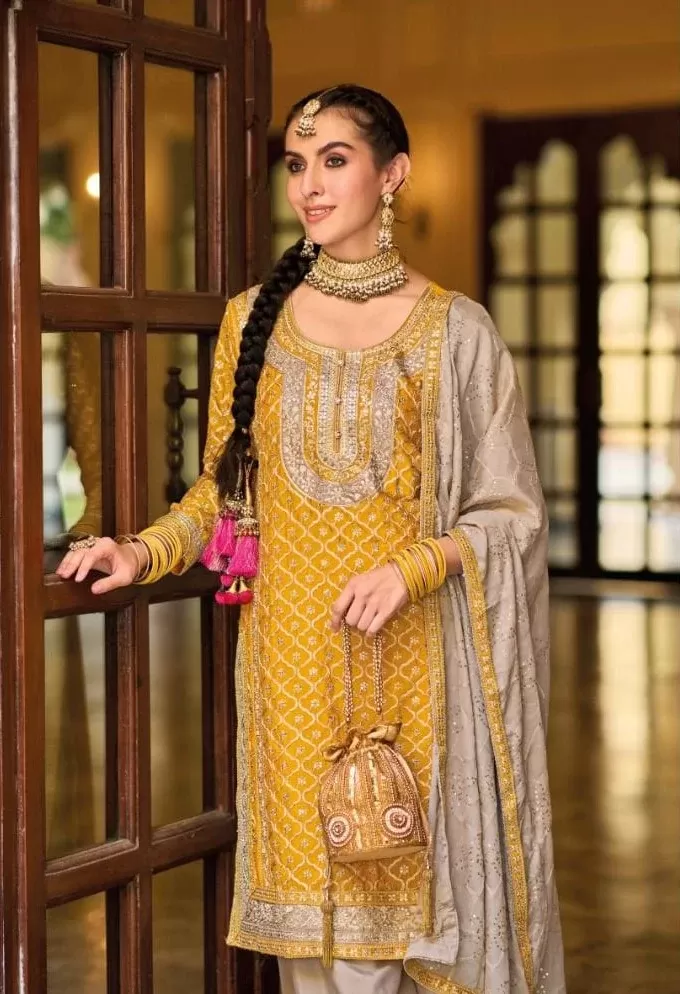 Wonderful Yellow Color Embroidery Work Kurti With Palazzo Suit Sets